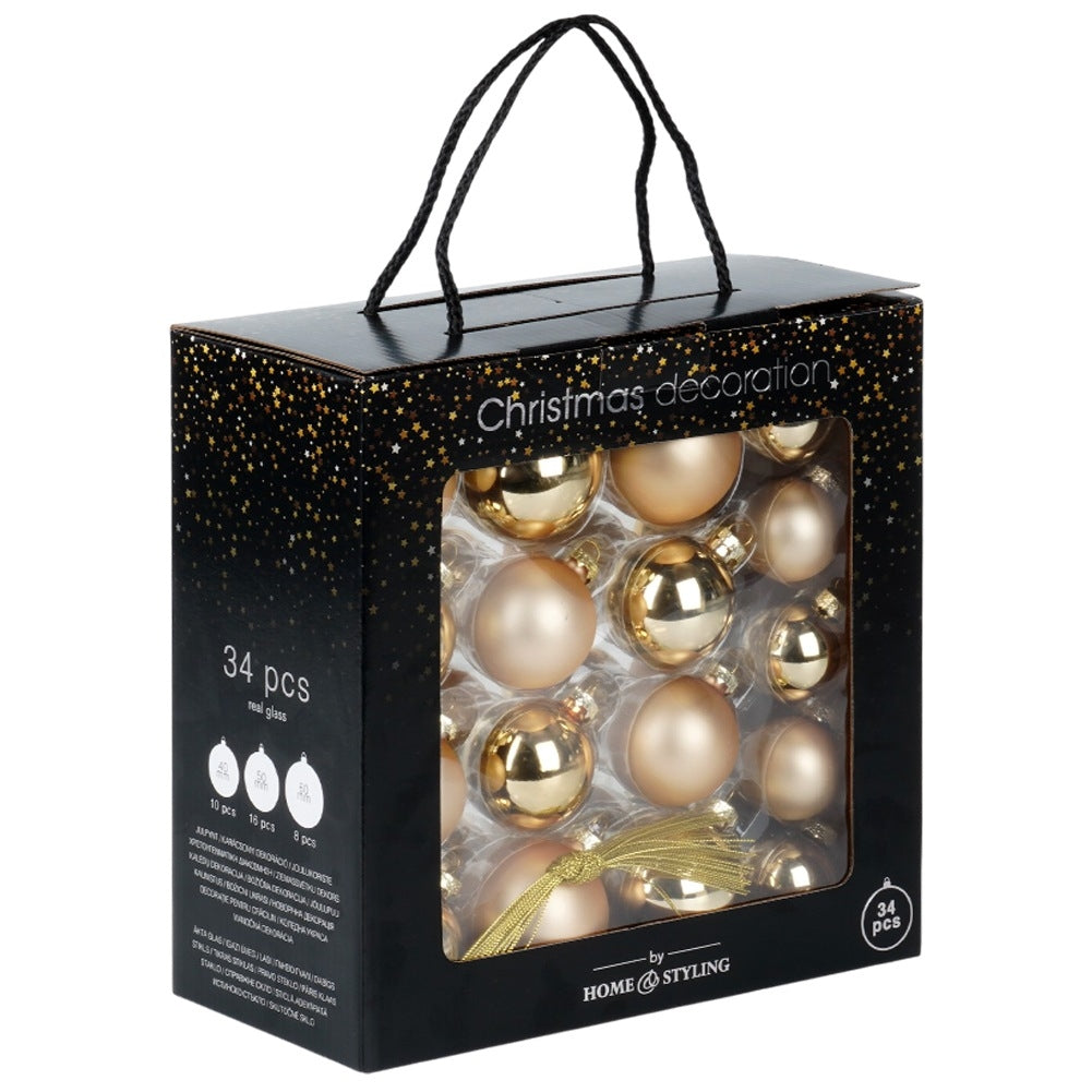 Glass Christmas tree baubles, gold, 4/5/6 cm, 34 pcs.