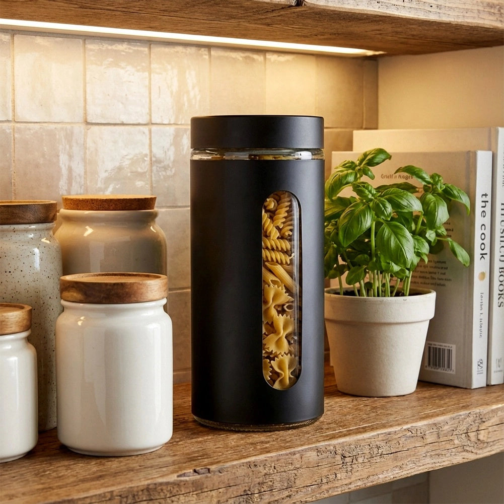 Glass Dry Food Storage Container, Black Lid, 1.3L
