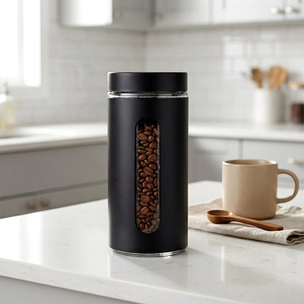 Glass Dry Food Storage Container, Black Lid, 1.3L