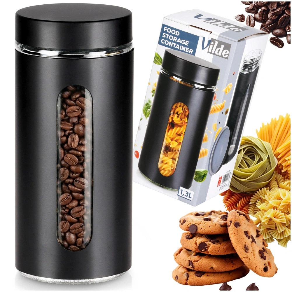 Glass Dry Food Storage Container, Black Lid, 1.3L