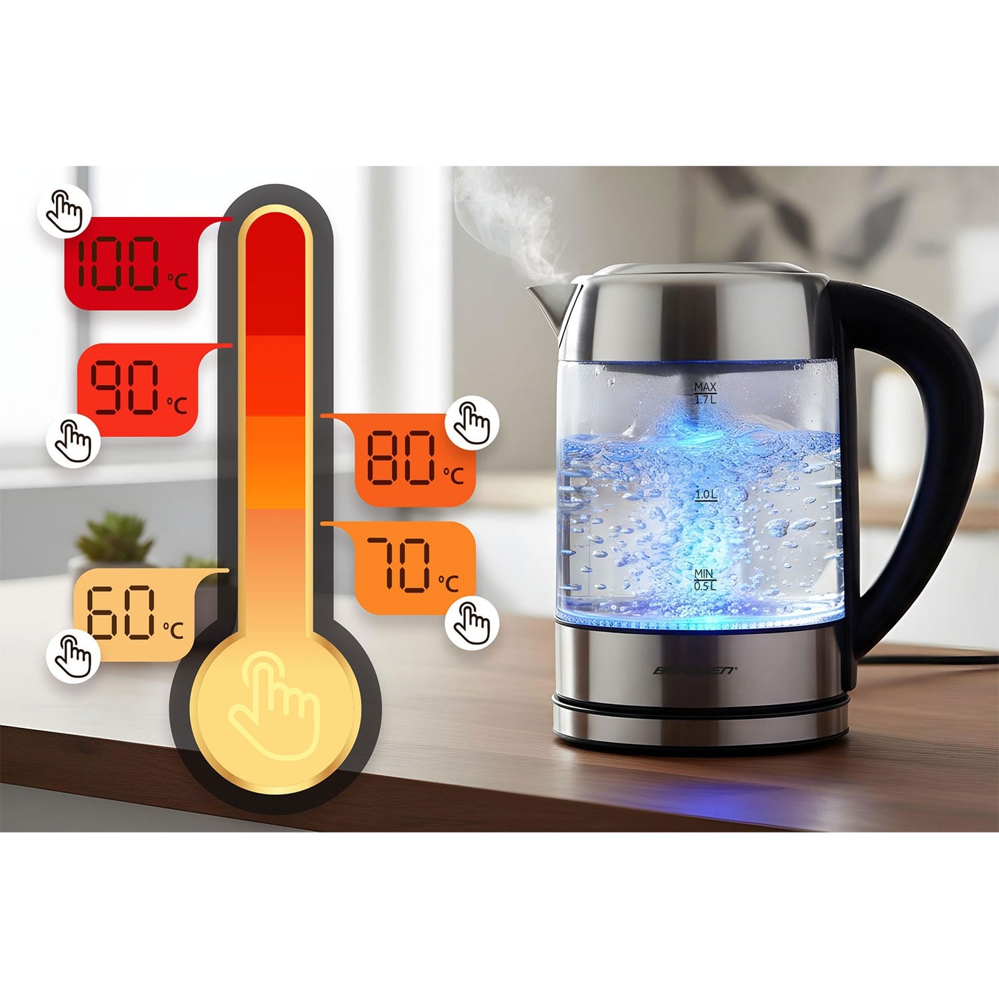 Glass Electric Kettle, Temp Control, 1.7L, 2200W