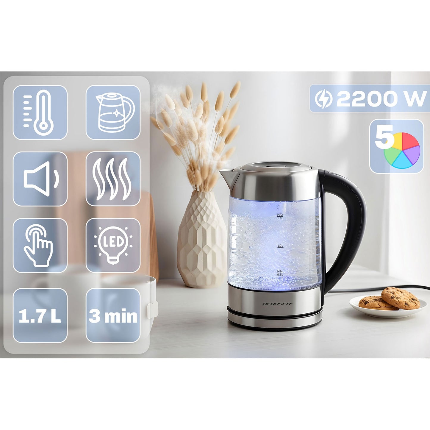 Glass Electric Kettle, Temp Control, 1.7L, 2200W