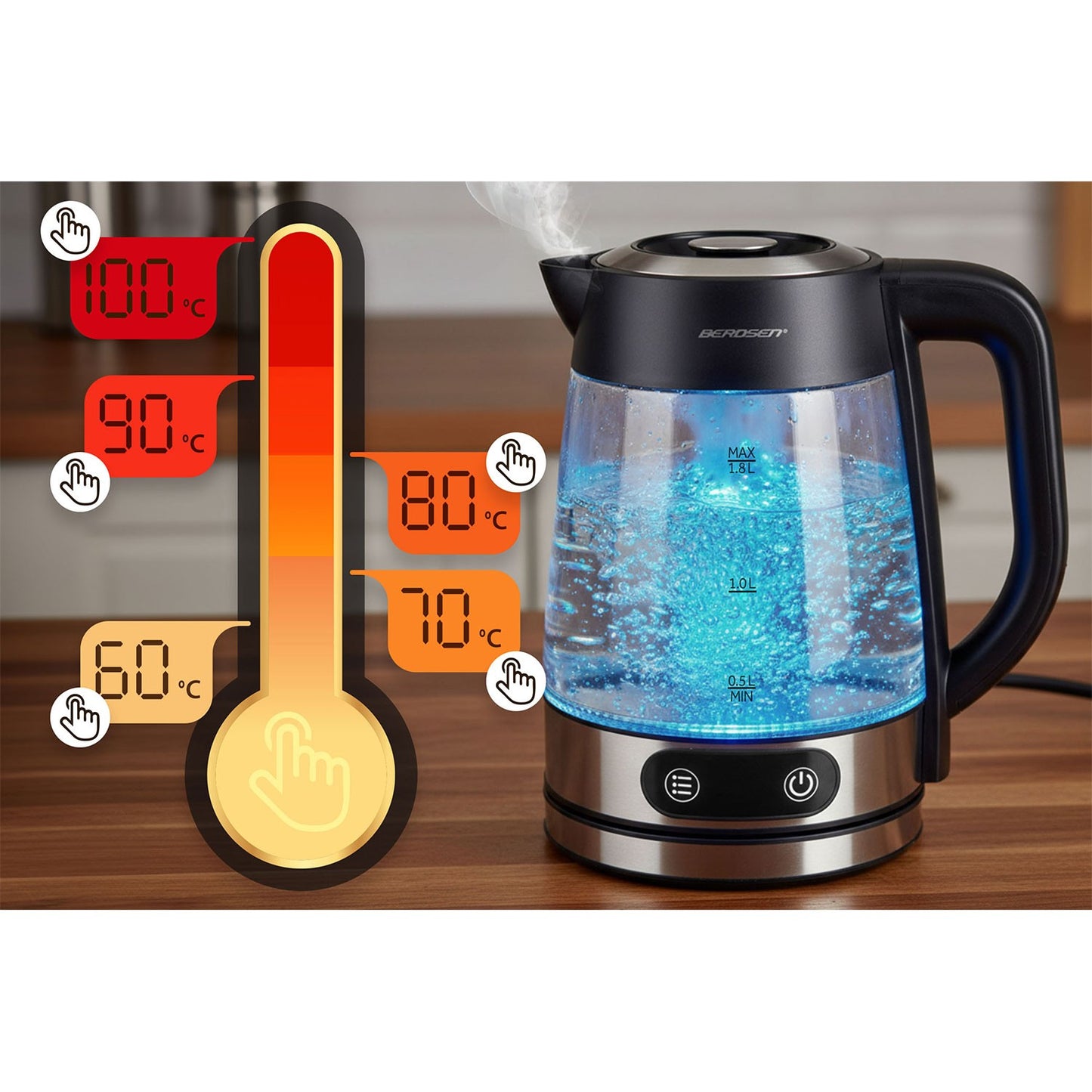 Glass Electric Kettle, Temperature Control, 1.8L, 2200W