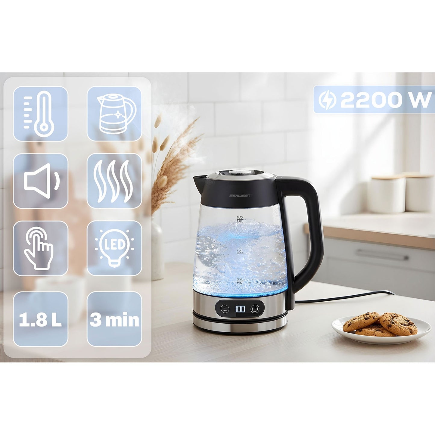 Glass Electric Kettle, Temperature Control, 1.8L, 2200W