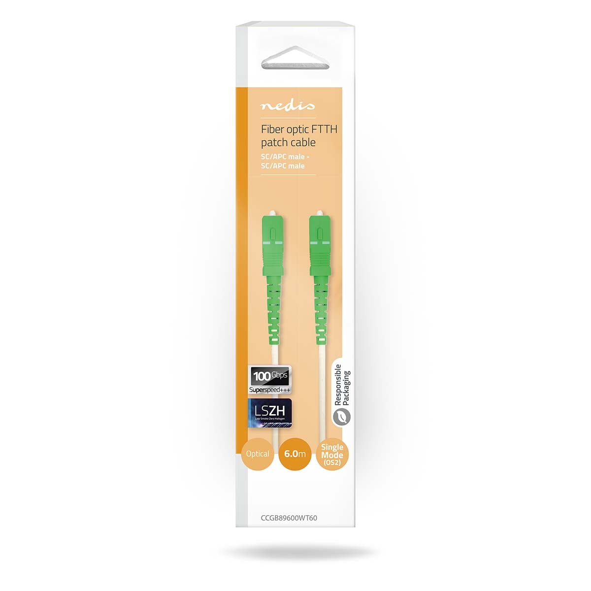 Glass Fiber Patch Cable | SMF (Single Mode Phase) | SC/APC | SC/APC | 100 Gbps | 6.00 m | White | Gift Box with Euro Lock