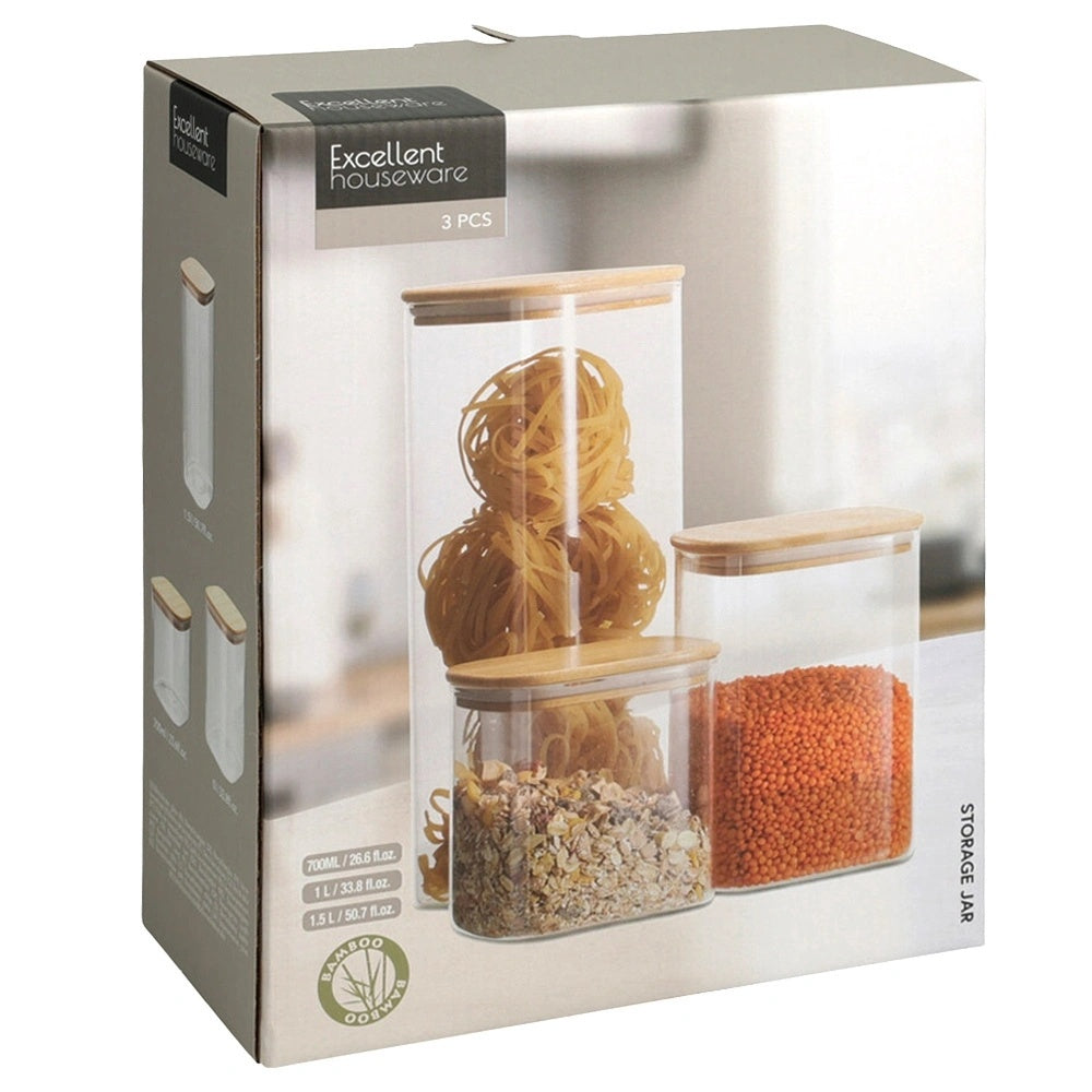 Glass Food Storage Containers with Bamboo Lids, Set of 3
