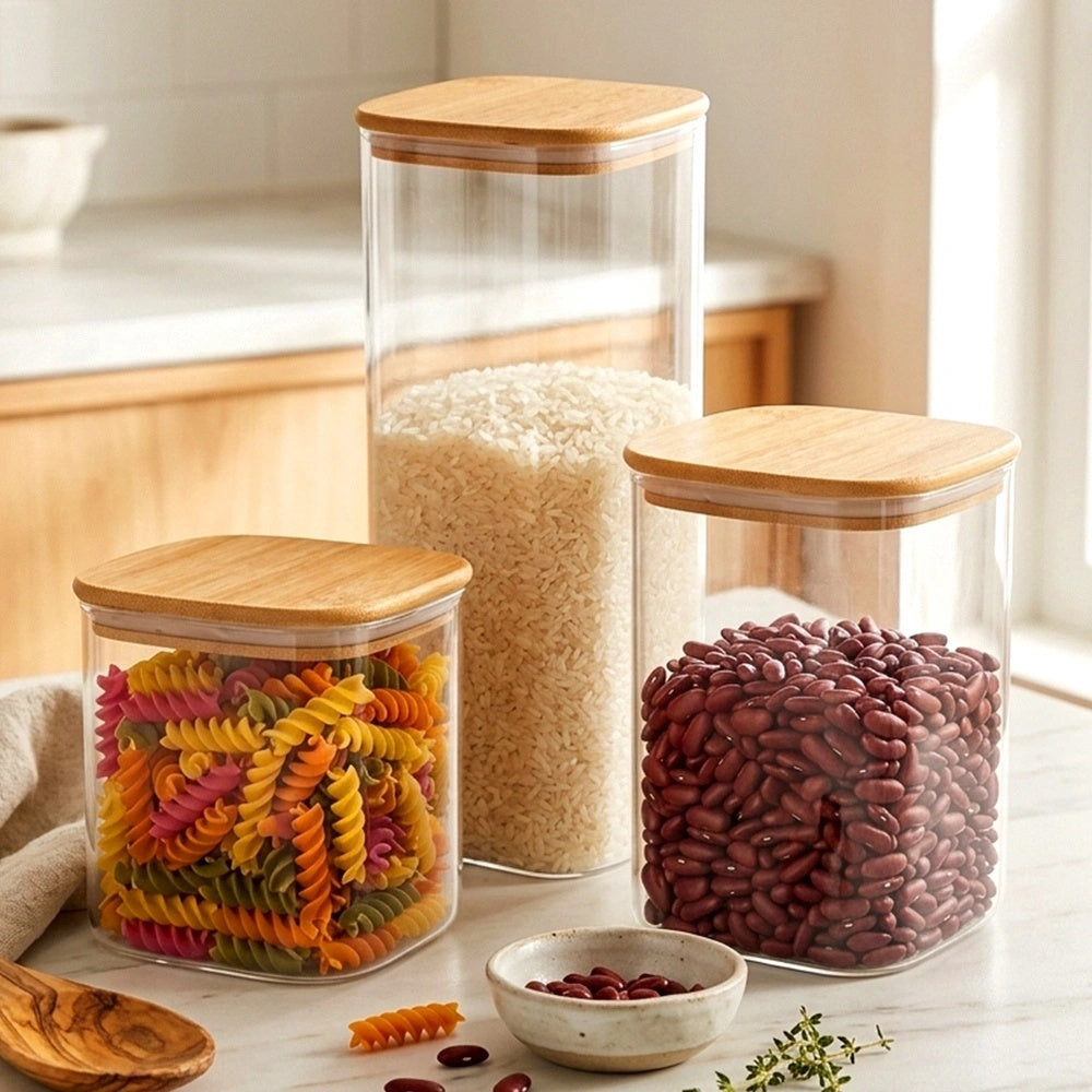 Glass Food Storage Containers with Bamboo Lids, Set of 3
