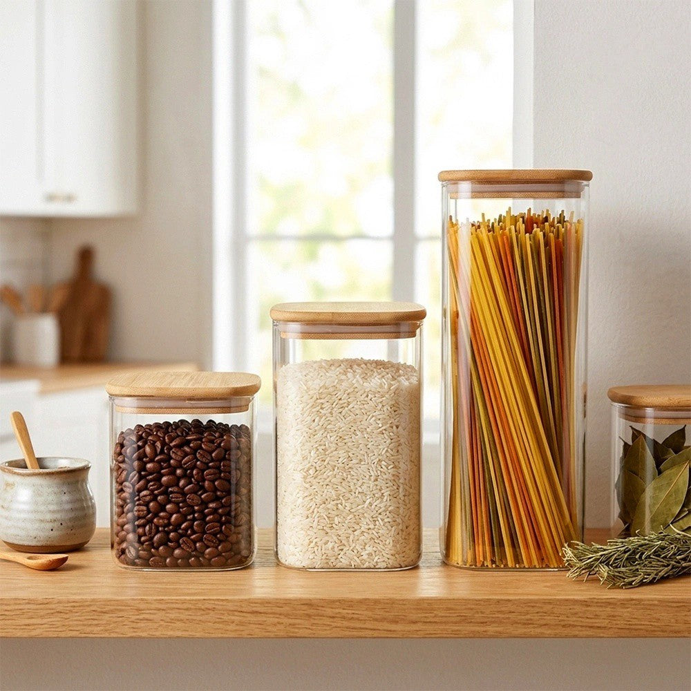Glass Food Storage Containers with Bamboo Lids, Set of 3