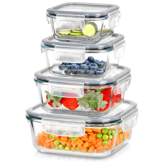 Glass Food Storage Containers with Lid, Square, Set of 4
