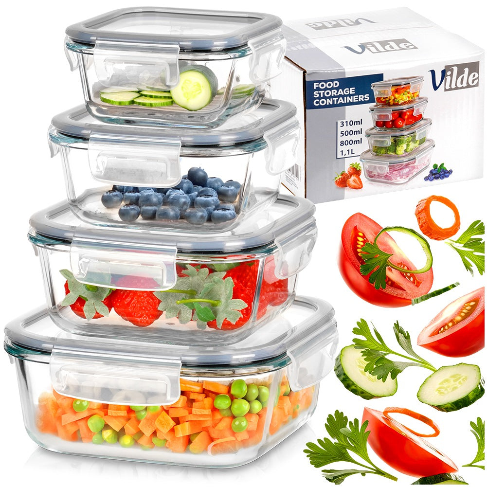 Glass Food Storage Containers with Lid, Square, Set of 4