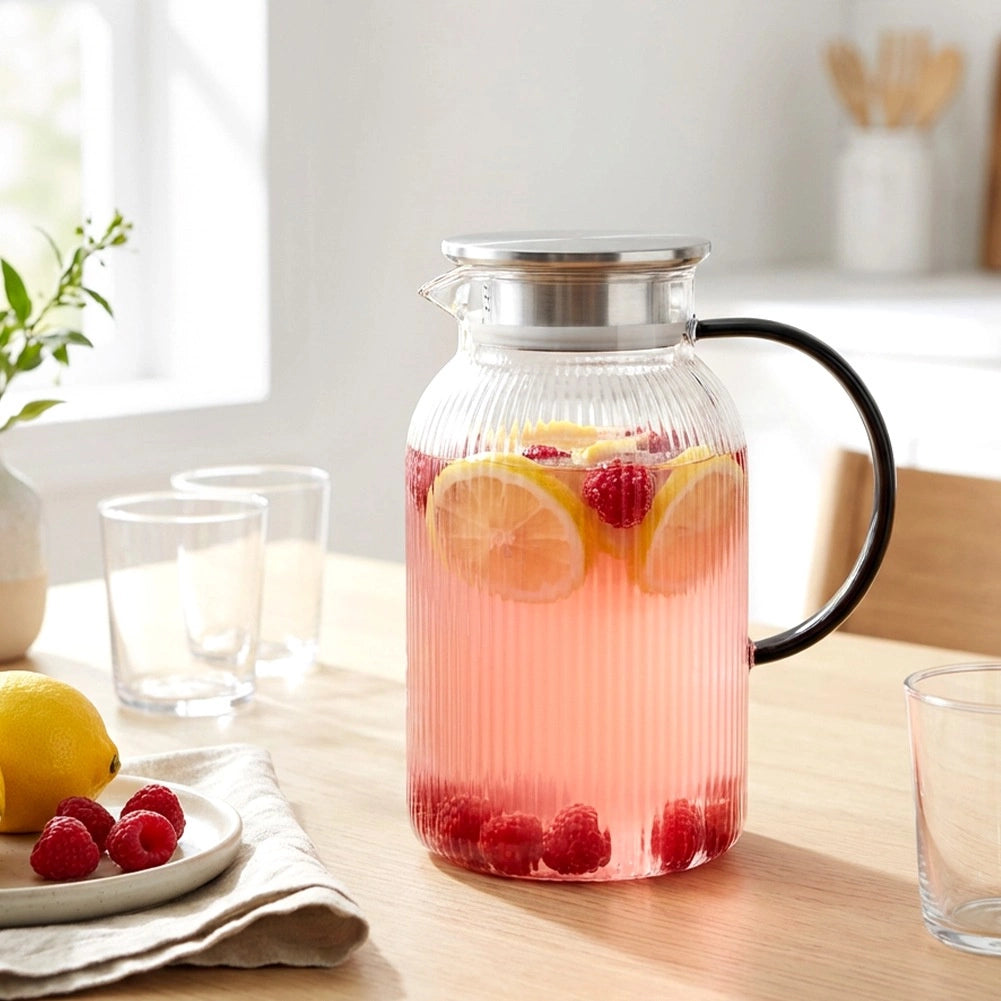 Glass Jug with Lid, 1.5L Borosilicate, Strainer