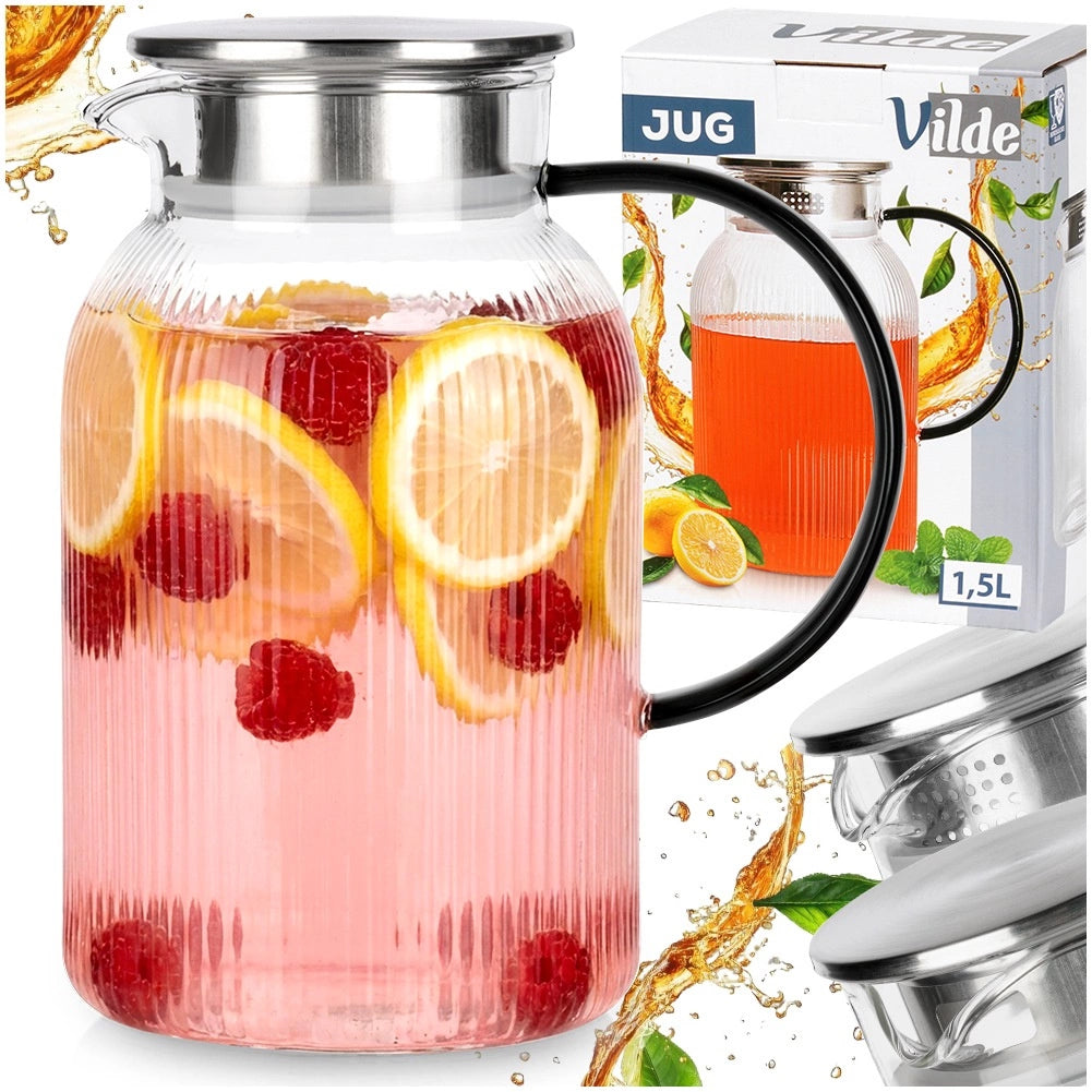 Glass Jug with Lid, 1.5L Borosilicate, Strainer