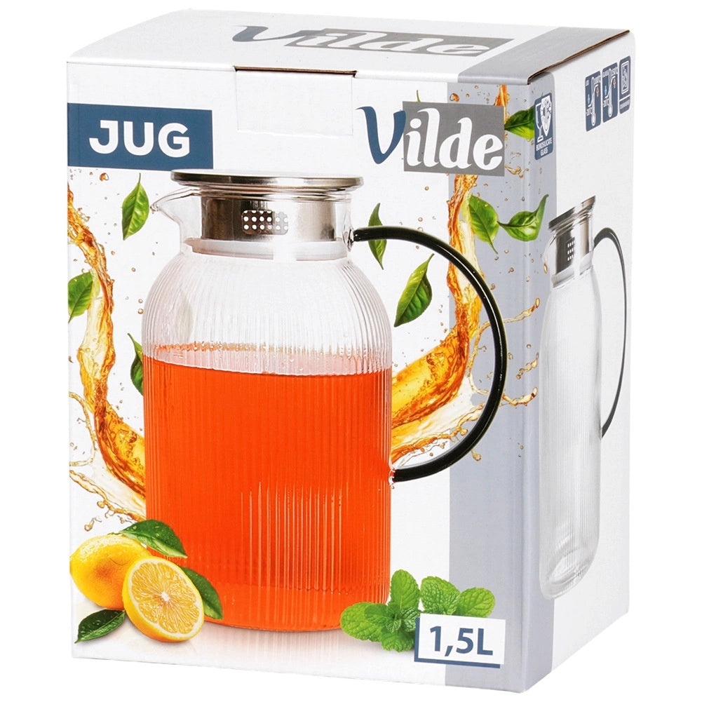 Glass Jug with Lid, 1.5L Borosilicate, Strainer