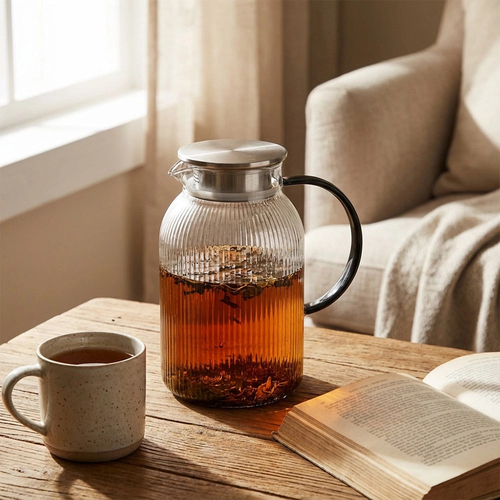 Glass Jug with Lid, 1.5L Borosilicate, Strainer