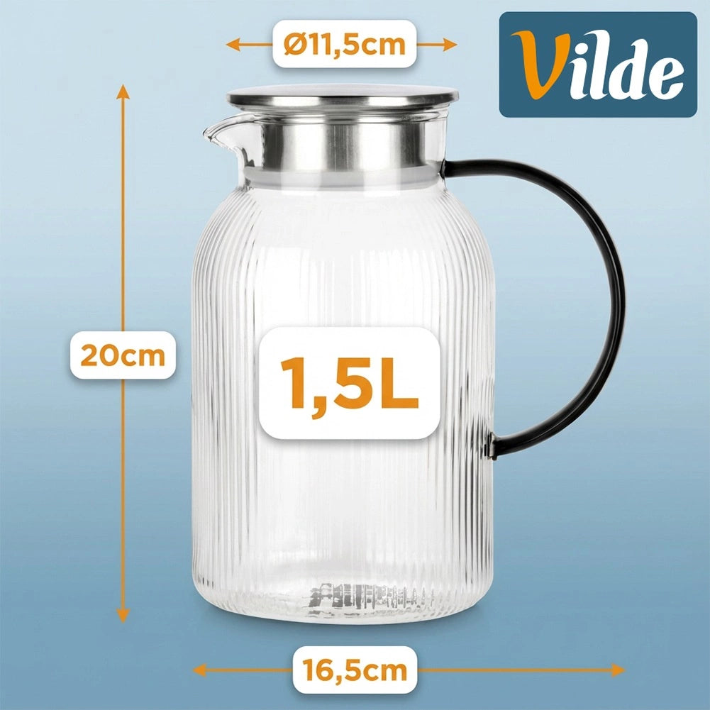 Glass Jug with Lid, 1.5L Borosilicate, Strainer