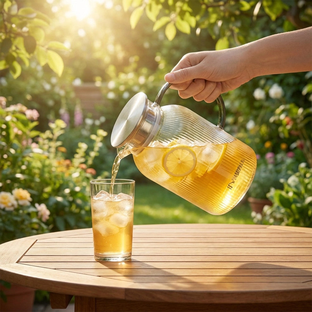 Glass Jug with Lid, 1.5L Borosilicate, Strainer