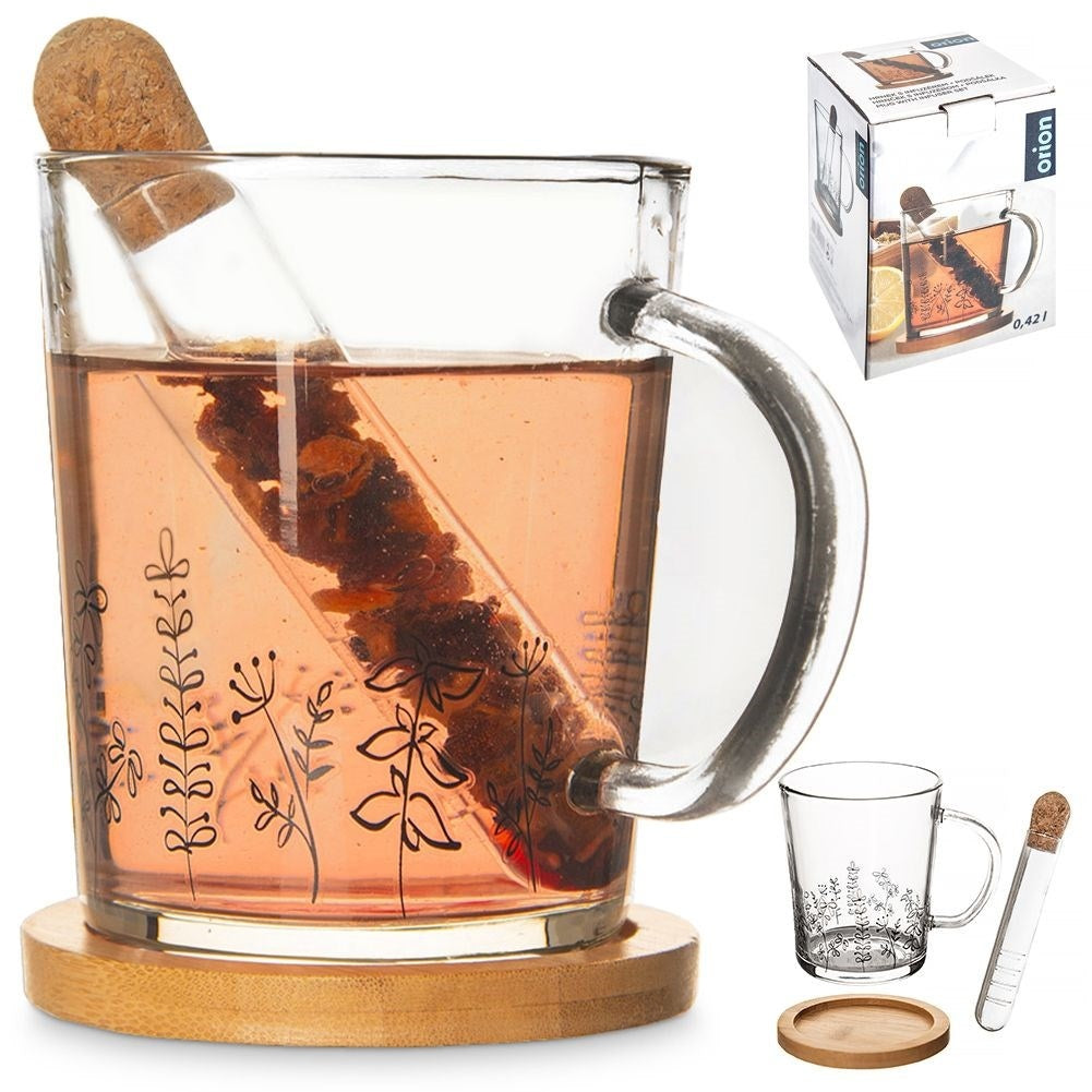 Glass Mug Set: Handle, Tea Strainer & Bamboo Wood Coaster