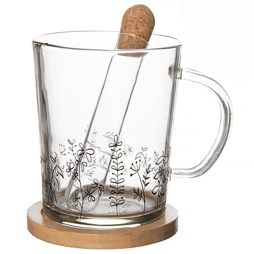 Glass Mug Set: Handle, Tea Strainer & Bamboo Wood Coaster