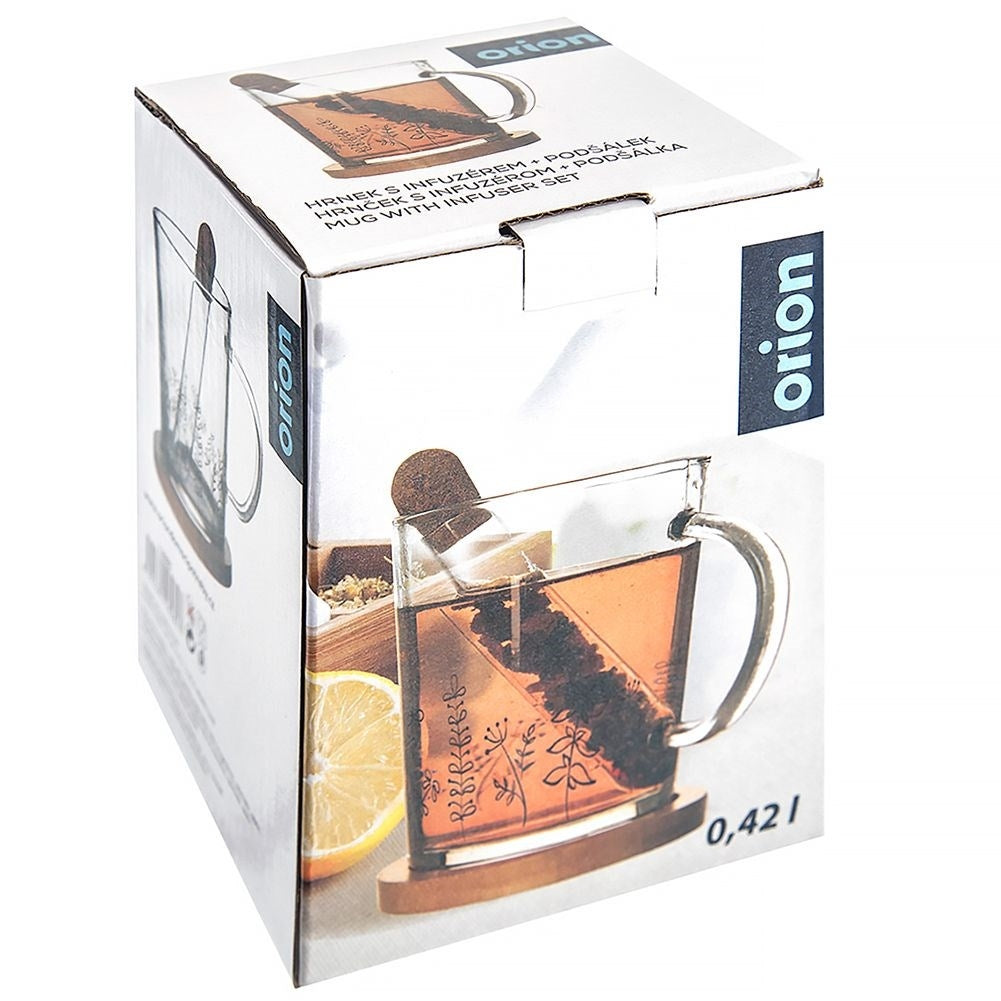 Glass Mug Set: Handle, Tea Strainer & Bamboo Wood Coaster