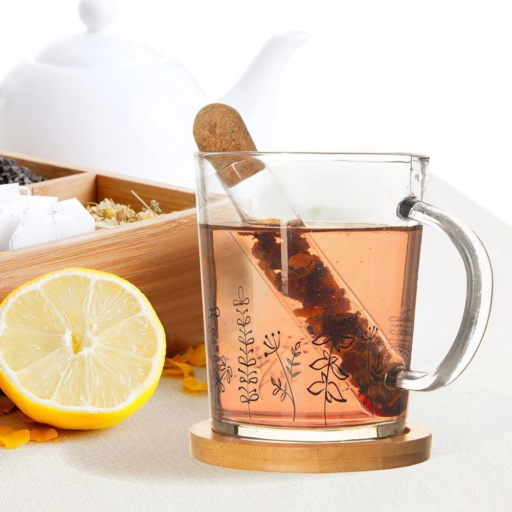 Glass Mug Set: Handle, Tea Strainer & Bamboo Wood Coaster