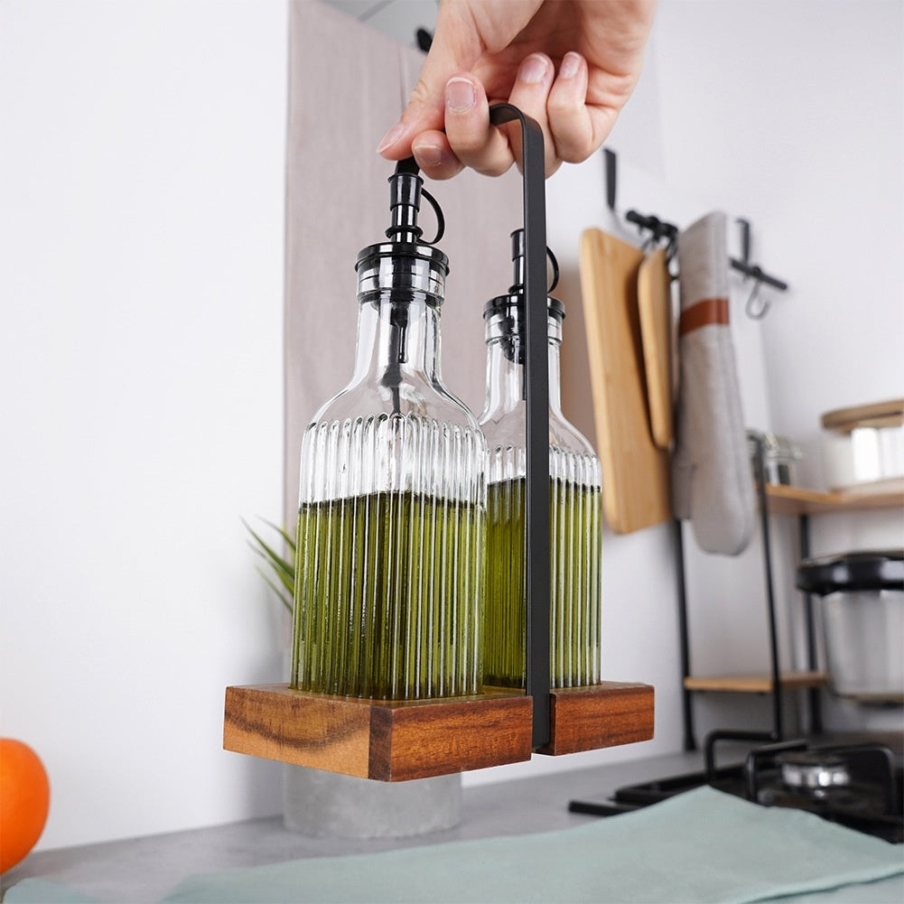 Glass Oil & Vinegar Bottle Set with Stand, 2x 190 ml