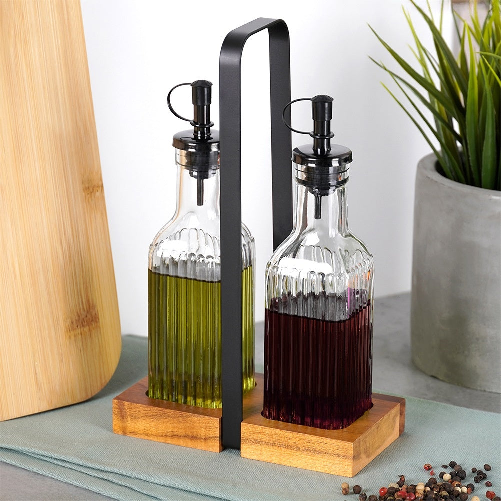 Glass Oil & Vinegar Bottle Set with Stand, 2x 190 ml