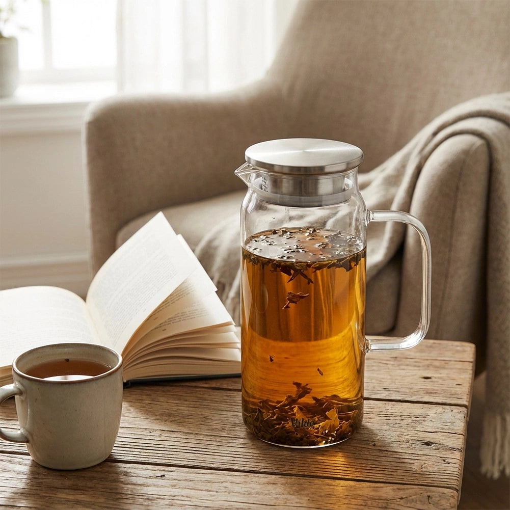 Glass Pitcher with Strainer Lid, 1.5L Borosilicate