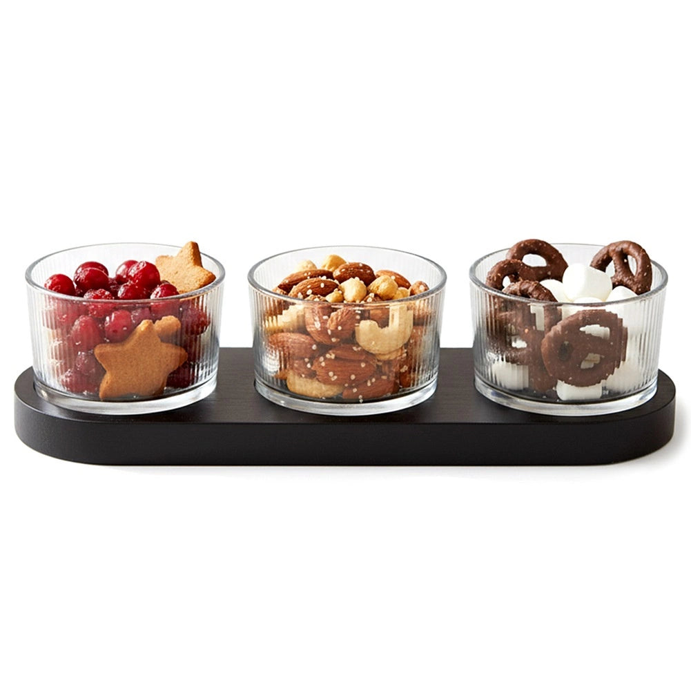 Glass Snack Bowls with Black Wood Tray, 4-Piece Set