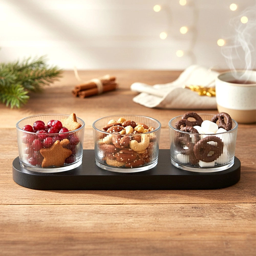 Glass Snack Bowls with Black Wood Tray, 4-Piece Set