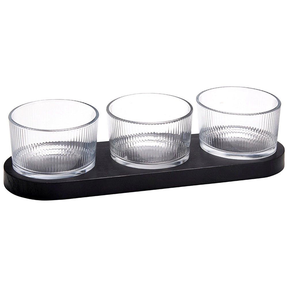 Glass Snack Bowls with Black Wood Tray, 4-Piece Set