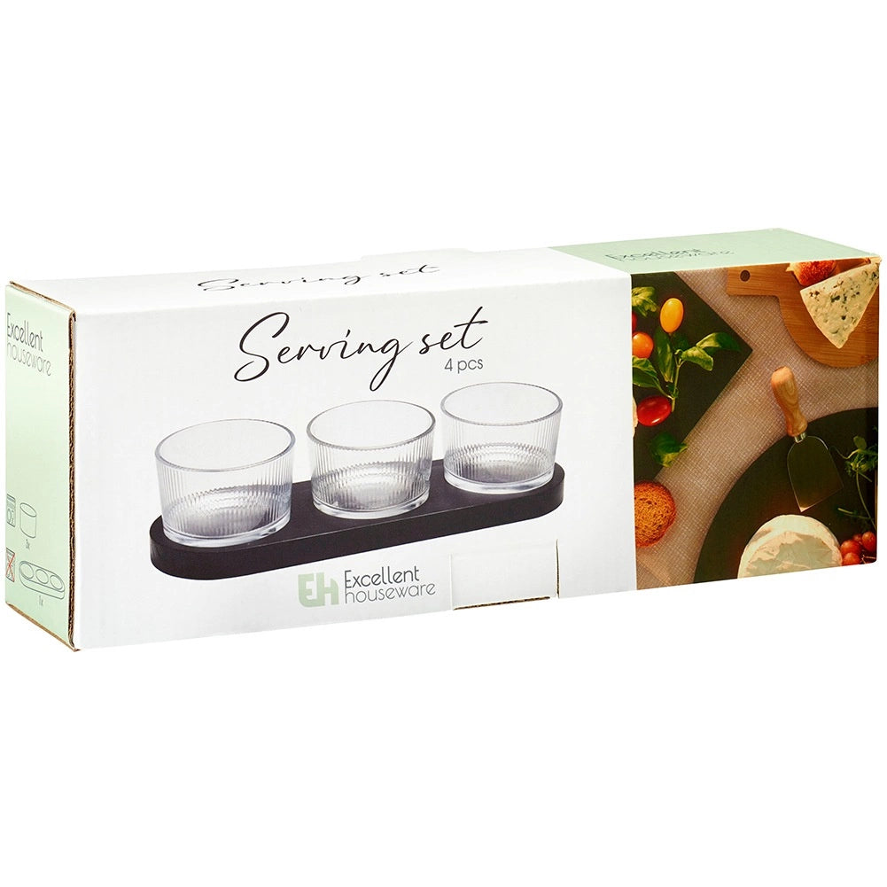 Glass Snack Bowls with Black Wood Tray, 4-Piece Set