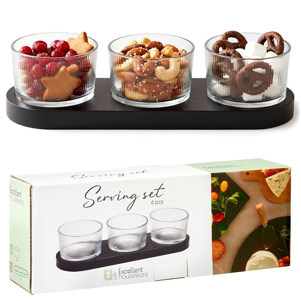 Glass Snack Bowls with Black Wood Tray, 4-Piece Set