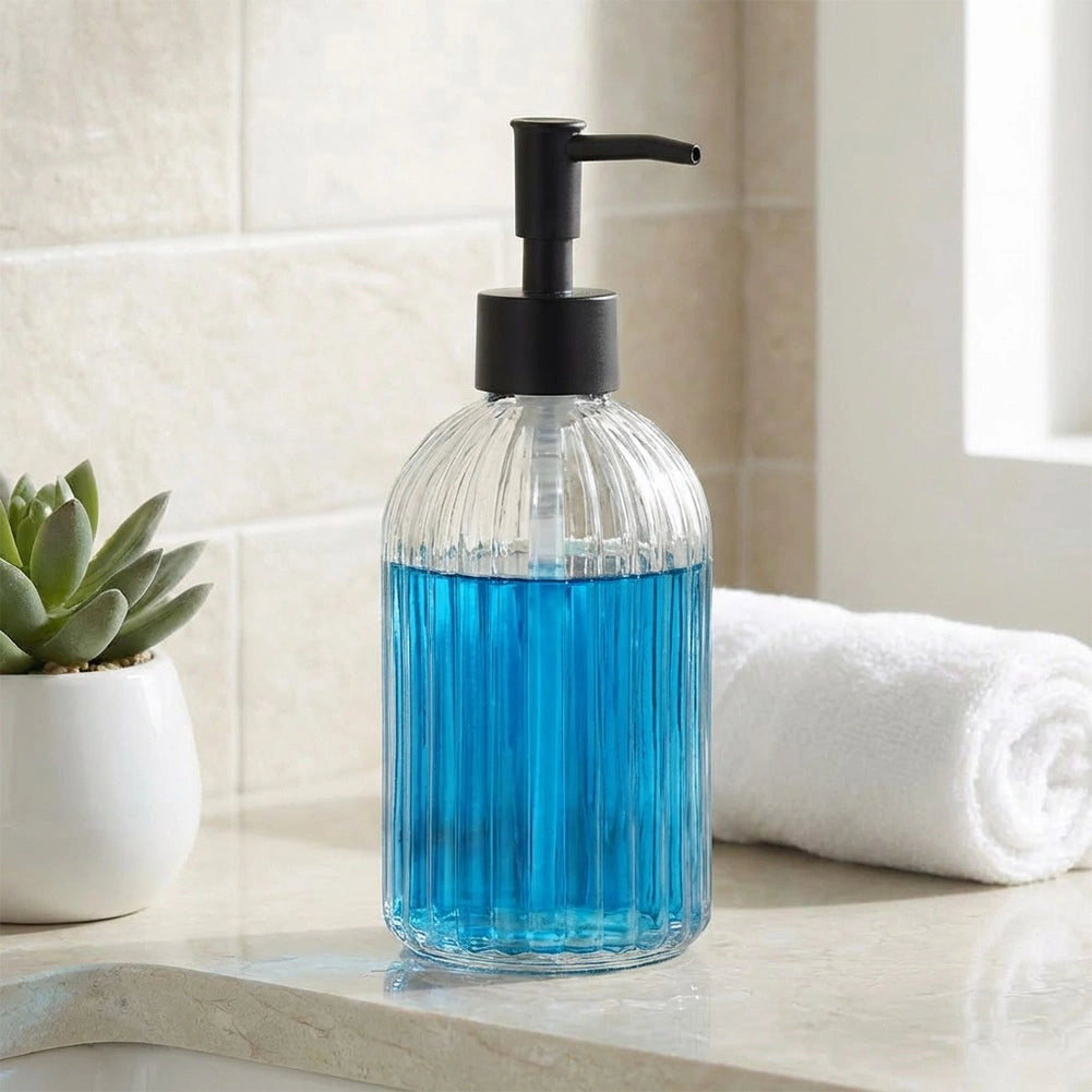 Glass Soap Dispenser, 400 ml – Transparent, Ribbed Design