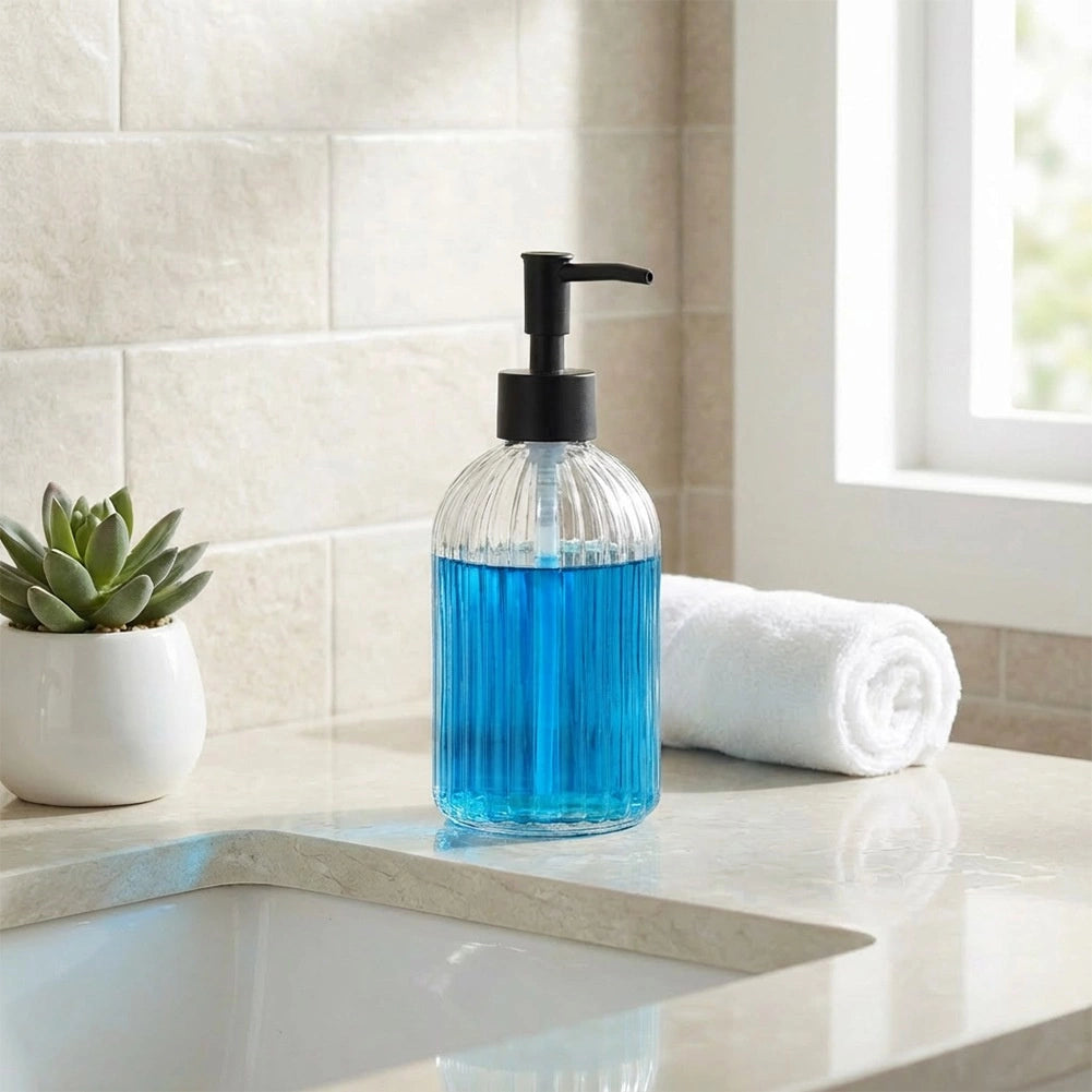 Glass Soap Dispenser, 400 ml – Transparent, Ribbed Design