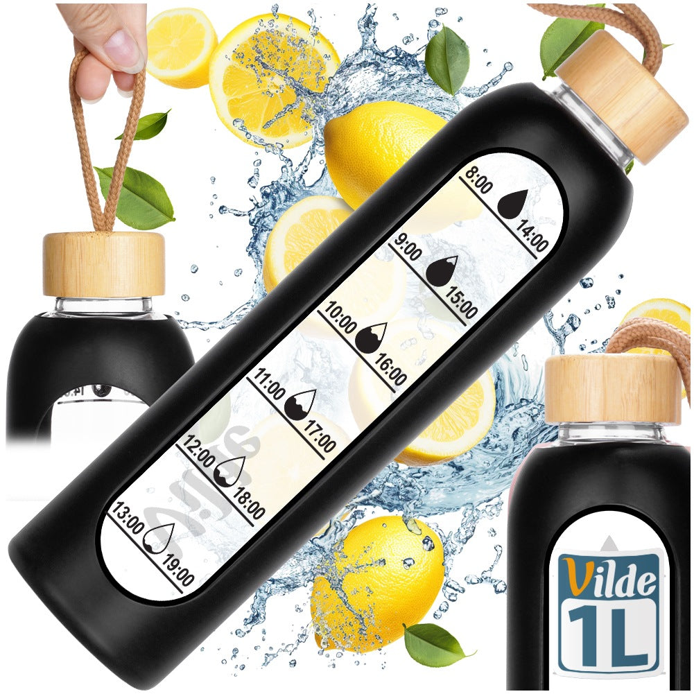 Glass Water Bottle with Black Silicone Sleeve, 1L