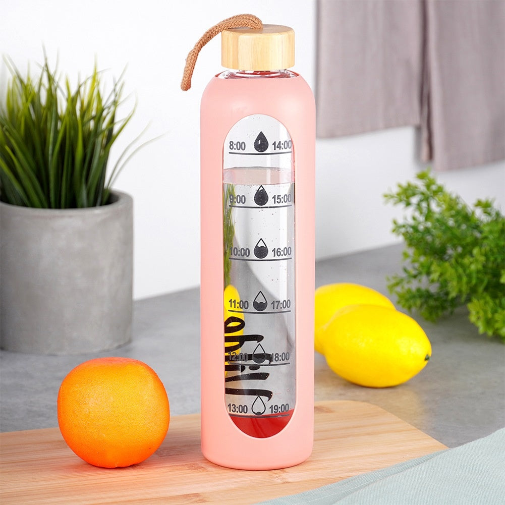 Glass Water Bottle with Silicone Sleeve, 1L, Salmon