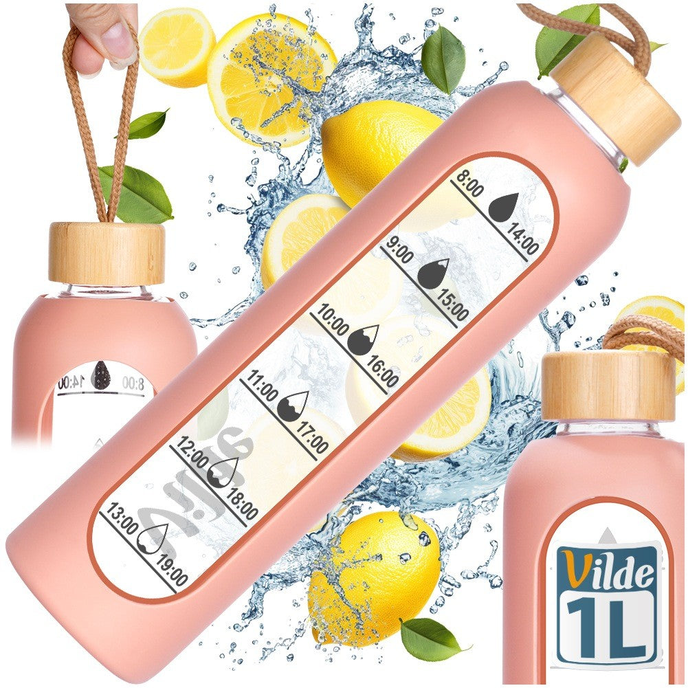 Glass Water Bottle with Silicone Sleeve, 1L, Salmon