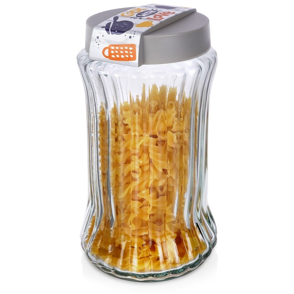 Glass and plastic containers for dry food, simple kitchen arrangement