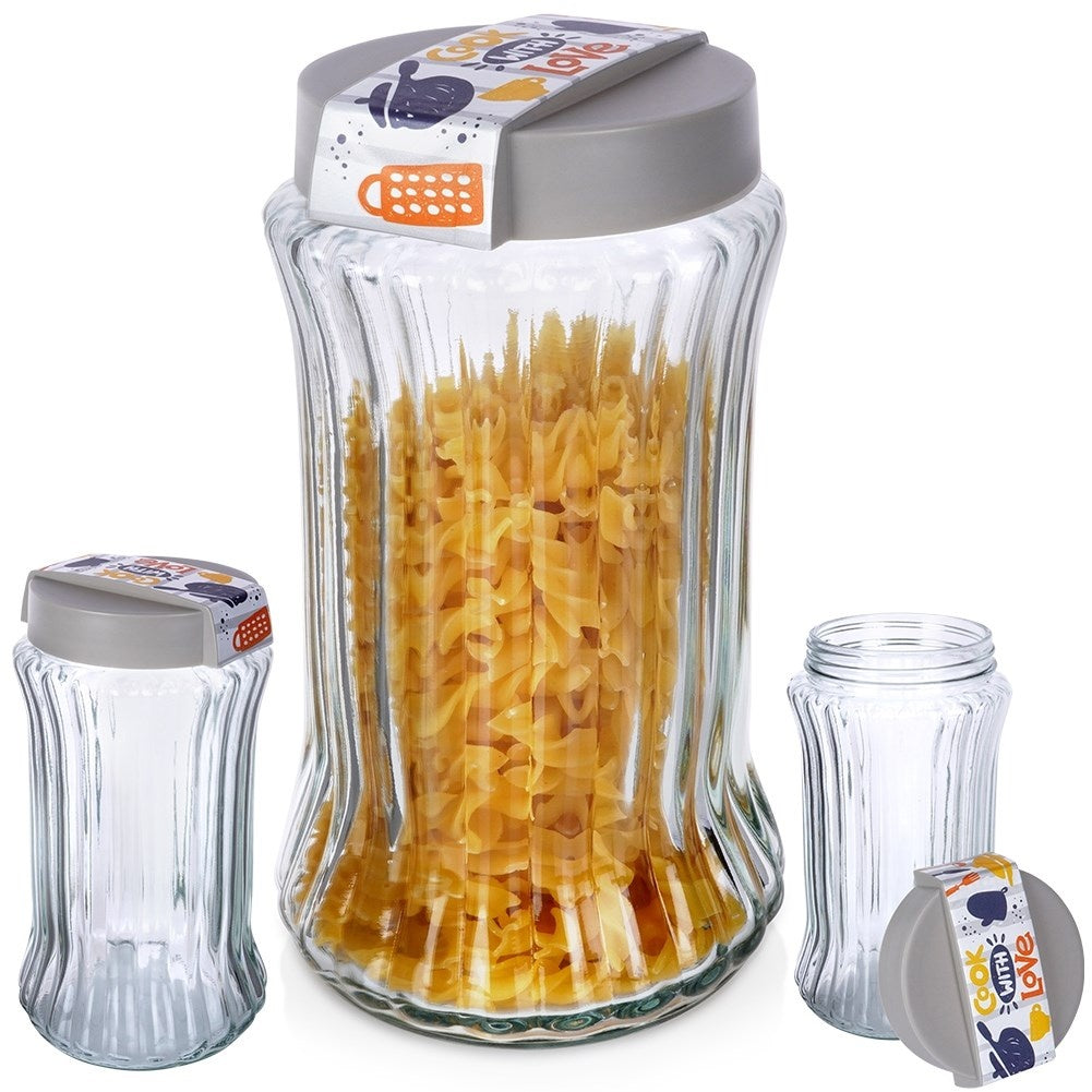 Glass and plastic containers for dry food, simple kitchen arrangement