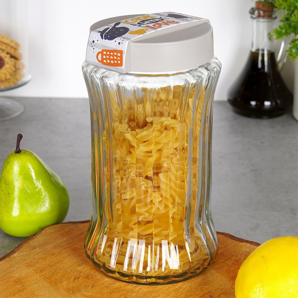Glass and plastic containers for dry food, simple kitchen arrangement