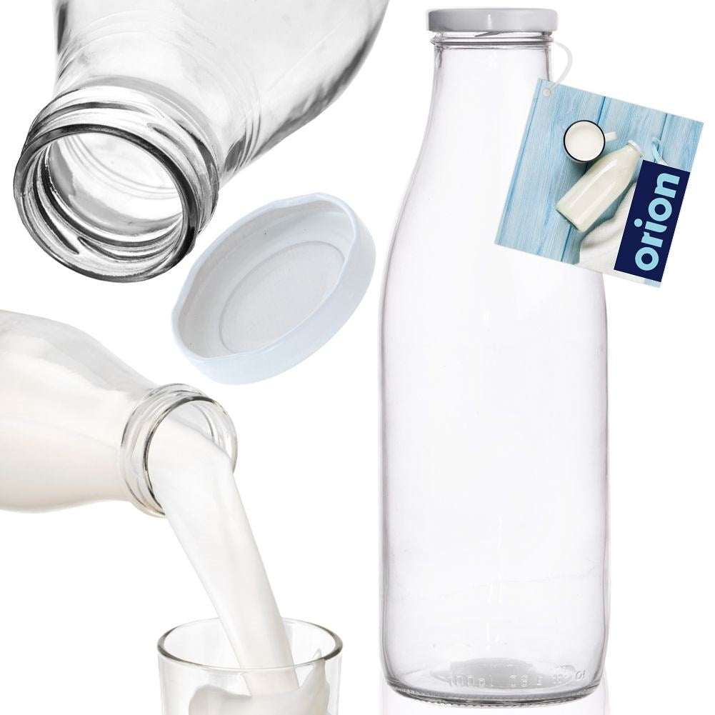 Glass bottle 1L with white screw cap for milk and drinks