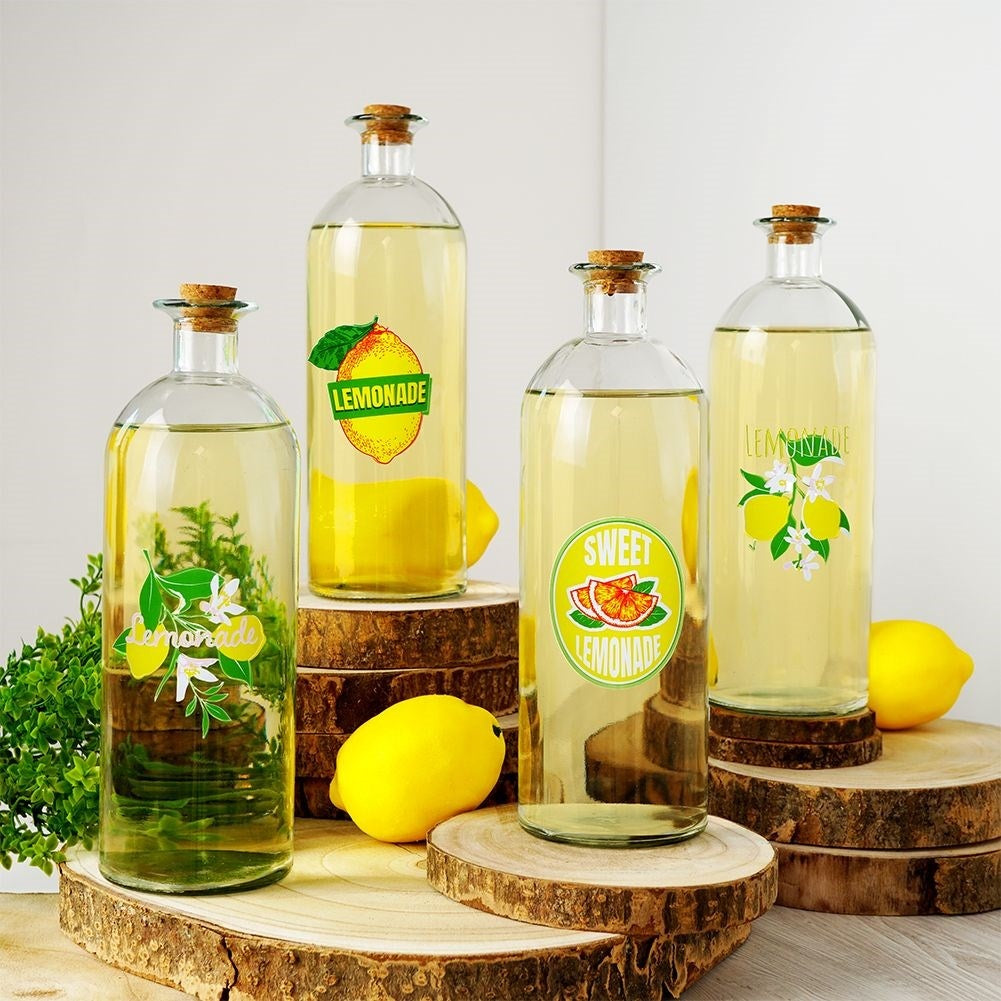 Glass bottle with lemon motif and cork, 1 liter