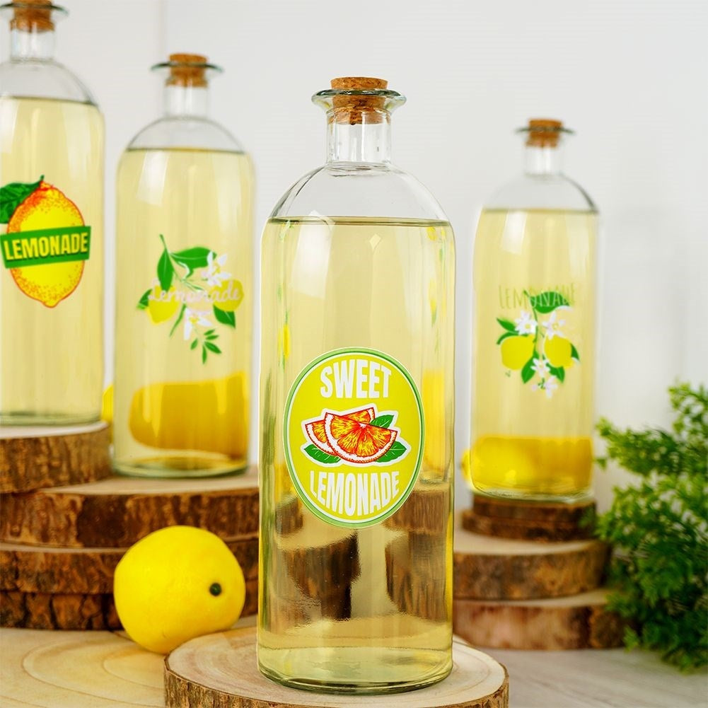 Glass bottle with lemon motif and cork, 1 liter