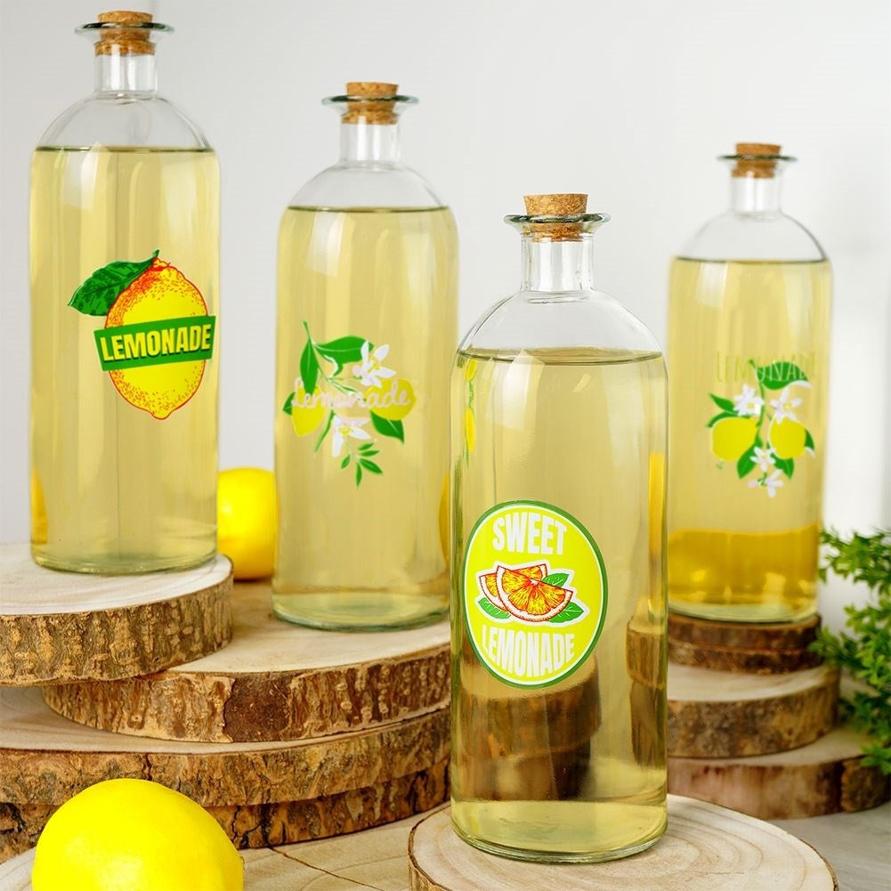 Glass bottle with lemon motif and cork, 1 liter