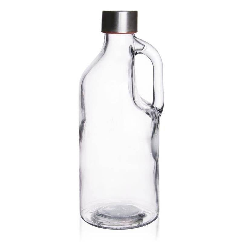 Glass bottle with metal cap and easy-to-pour handle