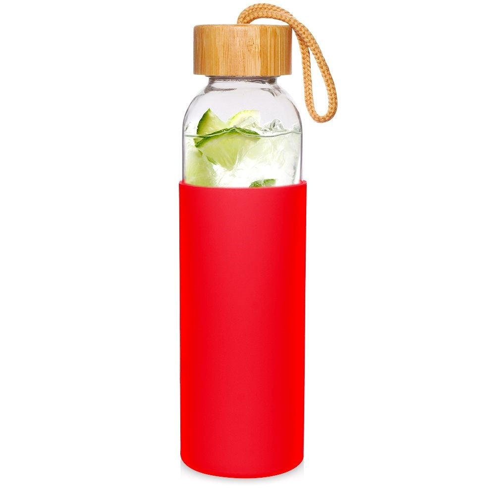 Glass bottle with silicone cover and wooden cork for drinks