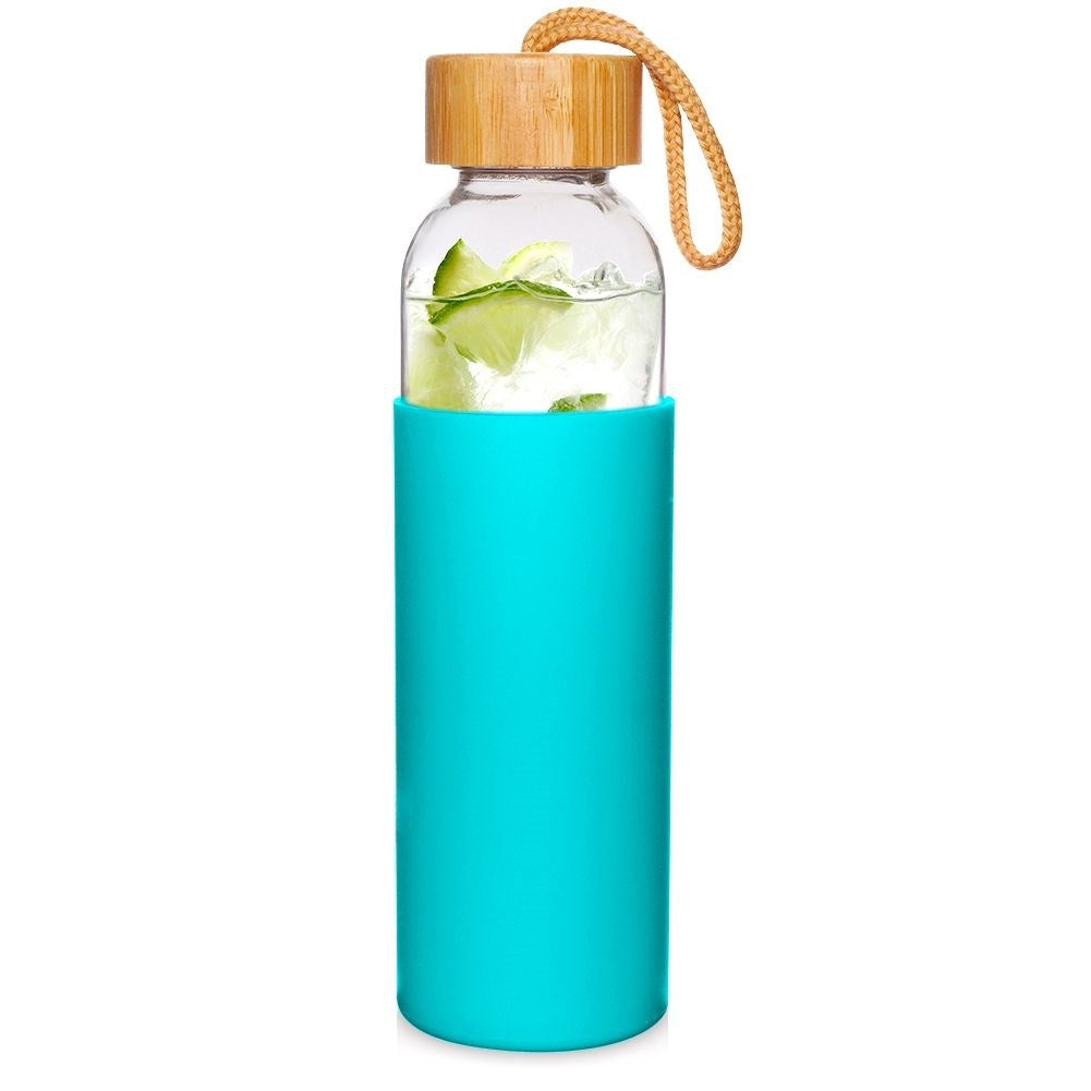 Glass bottle with silicone protection and wooden lid for drinks