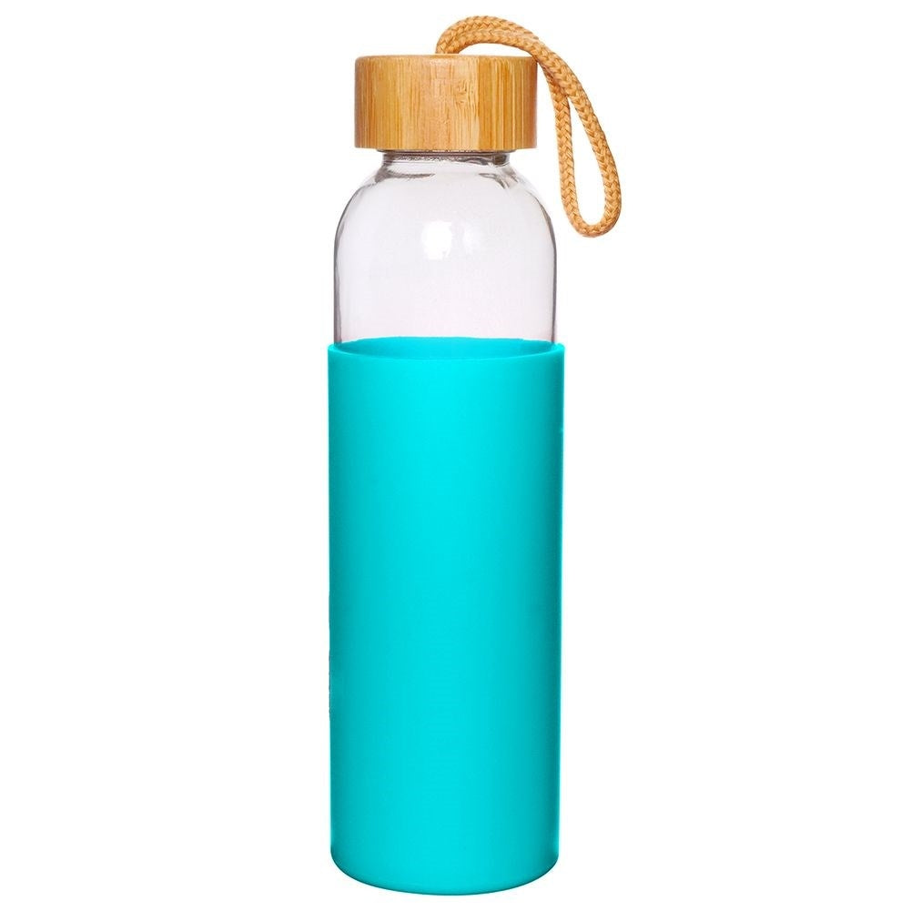 Glass bottle with silicone protection and wooden lid for drinks