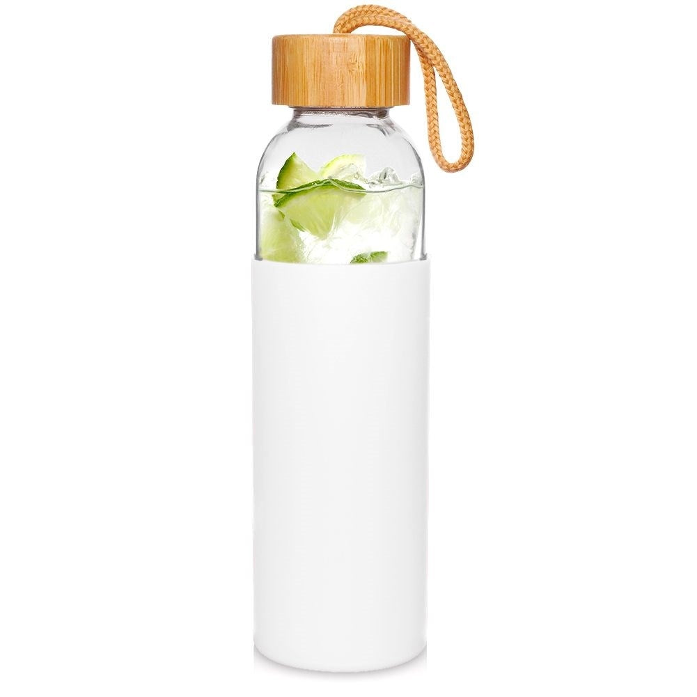Glass bottle with silicone protection and wooden lid for drinks