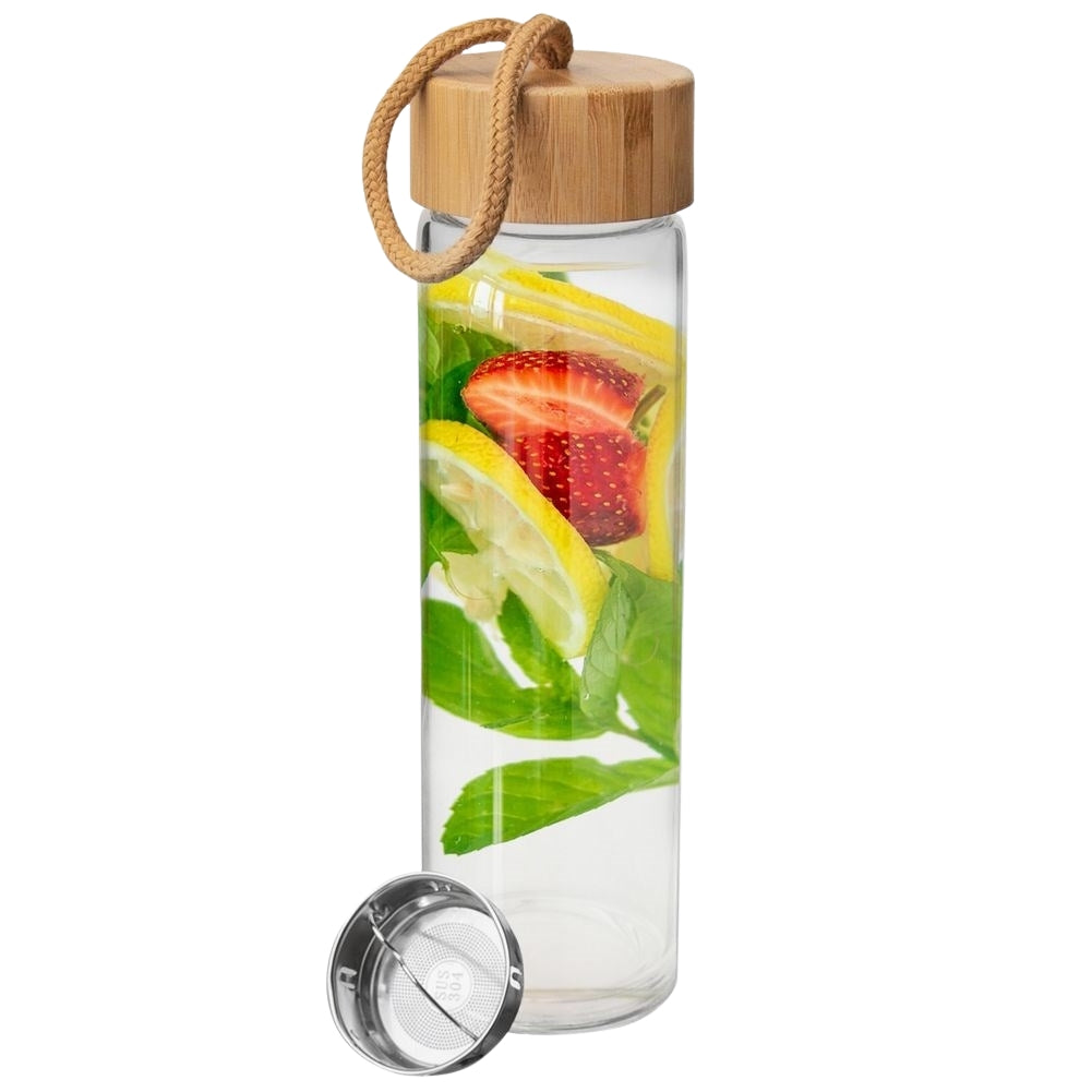 Glass bottle with steel strainer for efficient filtering of drinks